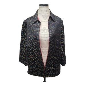 Robert Louis Lined Black Metallic Floral Silk Blend Open Front Collared Jacket